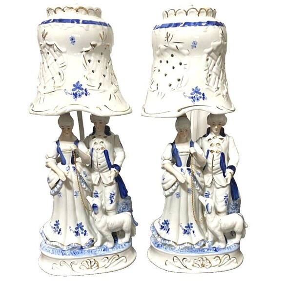 2 Vintage Porcelain Lamp Victorian Colonial Hand painted Man Woman Dog RARE 20" - Picture 10 of 16